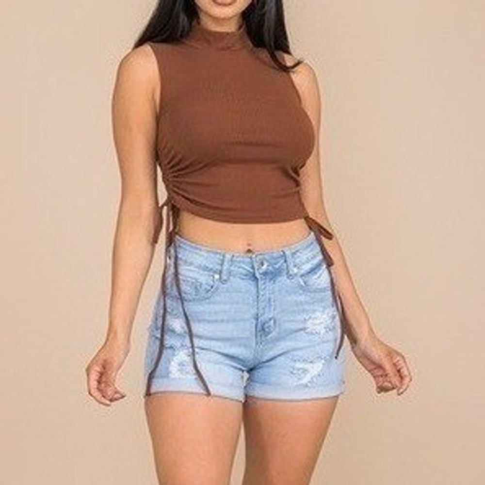 Nothing But Sexy Ribbed Mock Neck Tank Top Small Brown Cinched Ruched Side Tie